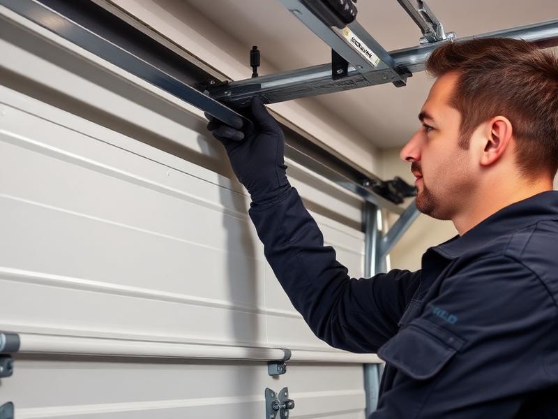Professional garage door technician performing track adjustment in New Britain